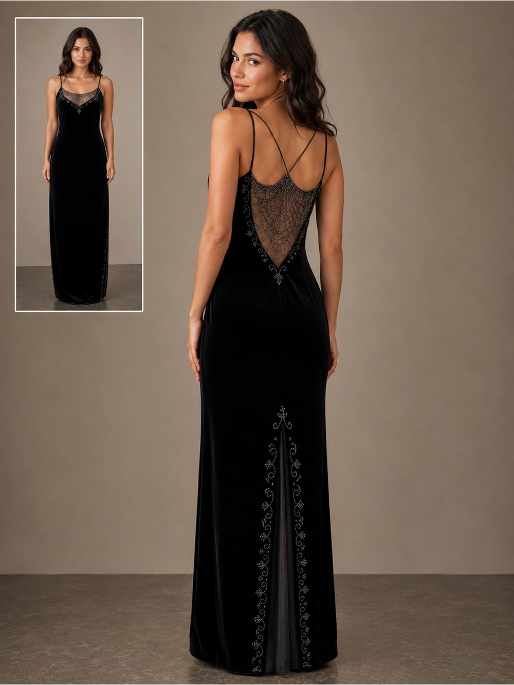 Vintage Dave & Johnny Black Velvet Beaded Formal Gown By Laura Riner Size
 9/10